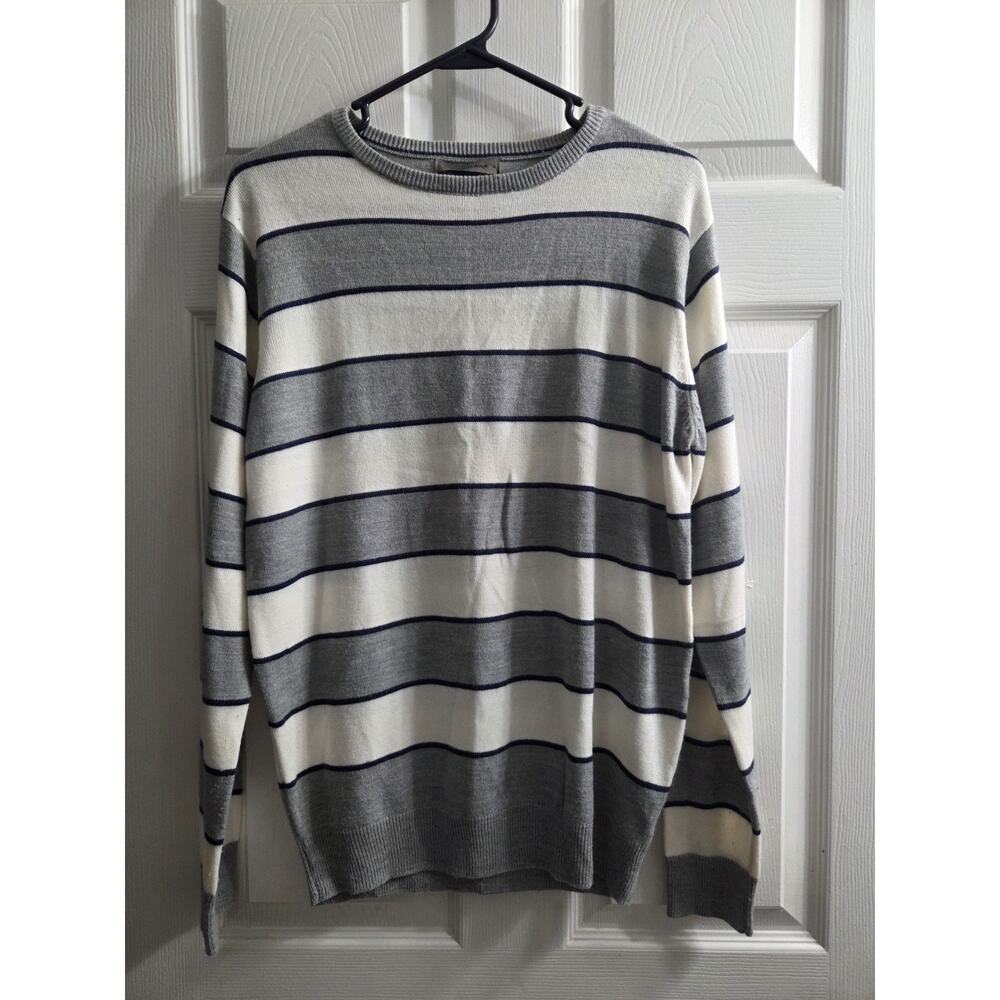 Cedar Wood State Mens Medium Grey Whit Navy Stripe Long Sleeve Striped Sweater
